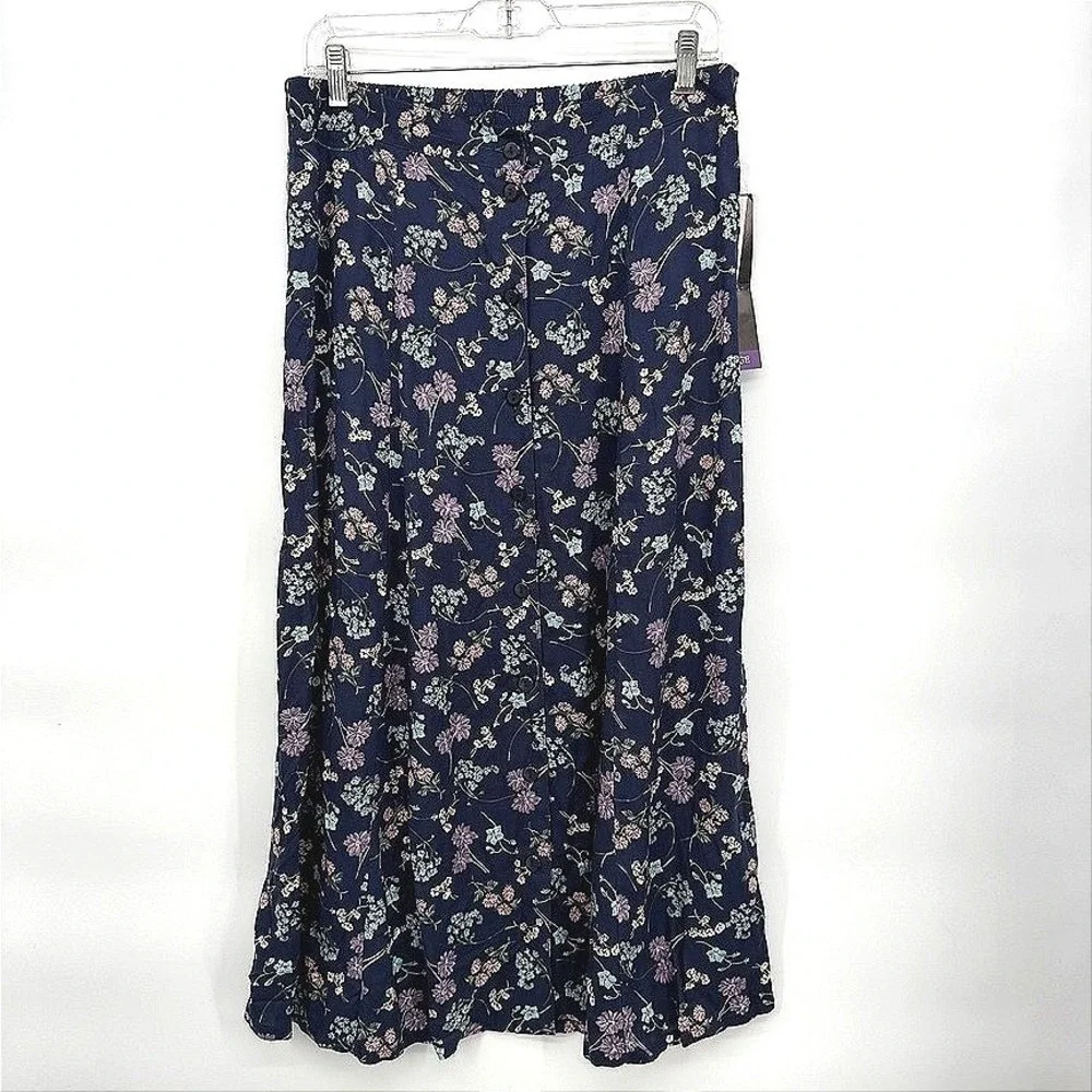 Sag Harbor Maxi Skirt Floral Button Front Elastic Waist Casual Summer Large